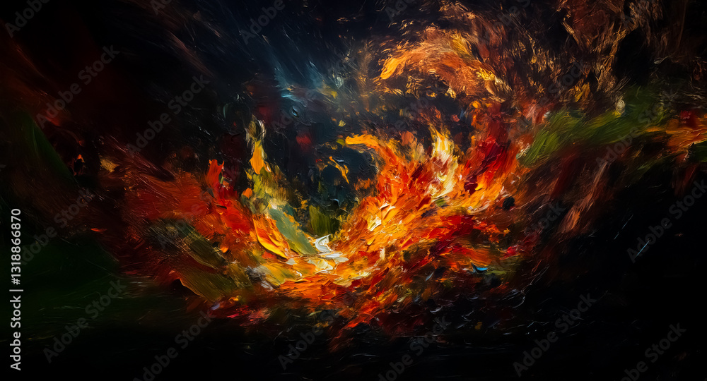 Poster abstract painting with dark hues surrounding vibrant colors swirling in the center. it evokes a sens