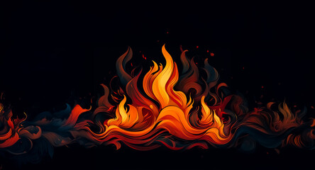 Stylized fire artfully dances in shades of orange, red, and black against a stark dark backdrop, creating a visually striking and dynamic fiery design.