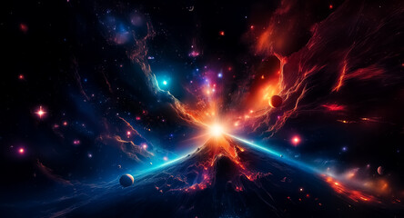 Obraz premium A vibrant cosmic scene unfolds with swirling nebulae painted in fiery reds and cool blues. Bright stars are scattered across the inky black expanse, with celestial bodies adding depth.