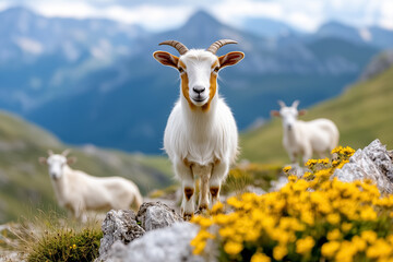 Obraz premium A group of goats grazes peacefully on a hillside, their striking white and brown coats contrasting beautifully with vibrant greens and rocky formations