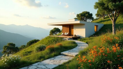 Fototapeta premium Serene Hillside Retreat Modern Minimalist Home with Panoramic Mountain Views and Landscaped Gardens