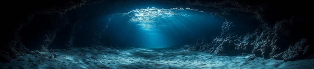 A mysterious and serene underwater tunnel illuminated by soft sunlight through water. Generative AI