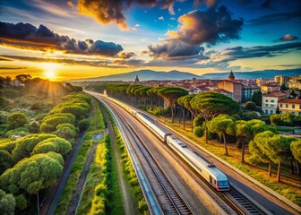 A sleek high-speed train glides through a scenic countryside at sunset, flanked by lush green trees and charming buildings, under a dramatic, colorful sky. 