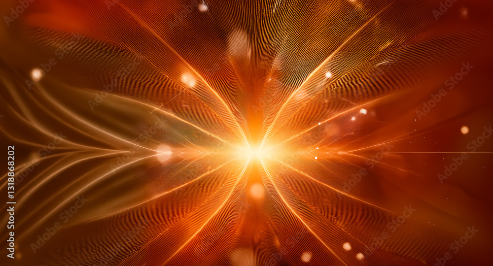 Poster abstract digital art with a central bright light source emitting radiant orange lines against a text