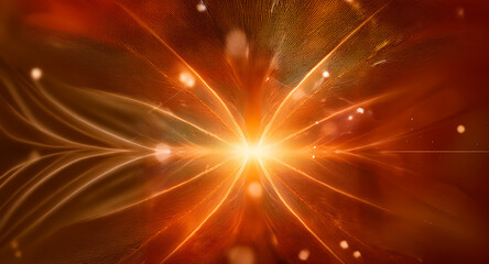 Abstract digital art with a central bright light source emitting radiant orange lines against a textured brown backdrop.  The image evokes a sense of energy and warmth with glowing effects.