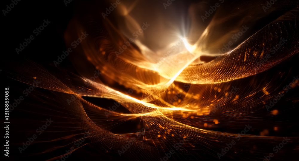 Poster Abstract golden light weaves through the dark, creating an ethereal and dynamic scene. Waves of glowing energy flow and intertwine, illuminating the space with a warm, vibrant radiance.