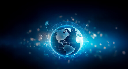 Global digital network connecting continents. Blue glowing earth with interconnected lines and bokeh lights on dark background. Worldwide communication and technology concept.
