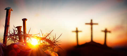 Crucifixion Calvary - Crown Of Thorns And Spikes At Sunset With Defocused Crosses On Hill And Lights Effects