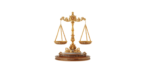 Ornate gold balance scale with decorative base isolated on transparent background