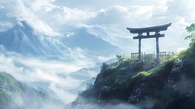 A wooden arch stands atop a mountain range in mist - Powered by Adobe