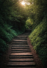 Obraz premium Generative AI Forest Steps: Pathway to Serenity stairs forest trees path stone green sunlight nature outdoors steps journey serenity escape growth tranquility - Elevate your brand.