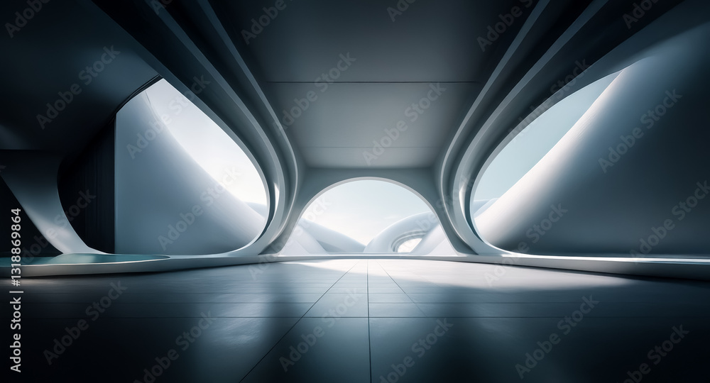 Aufkleber futuristic interior with smooth, curved architecture. sunlight streams into the open space, highligh