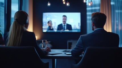 A man and woman sitting at a table in an office, dressed professionally, engaged in a video conference with another person.