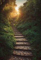 Obraz premium Generative AI Stone Path Sunlight: Forest Journey's Hope stone steps forest pathway sunlight trees foliage nature landscape stairway outdoors hope journey adventure growth peace opportunity