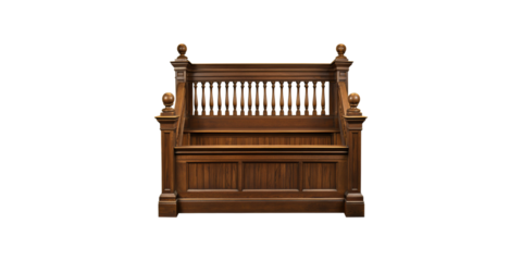 Antique wooden church pew with decorative spindles isolated on transparent background