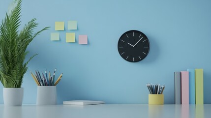 A corporate-style workspace with a wall clock, productivity planner, and a set of efficiency-focused sticky notes