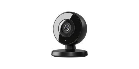 Black security camera with lens and stand isolated on transparent background