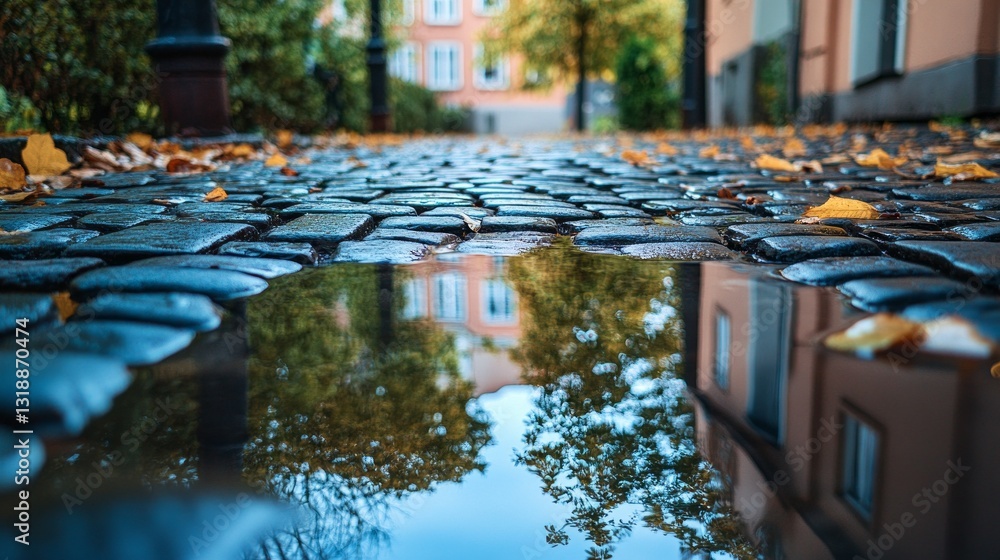 Poster cobblestone bricks glisten with water pooling among fallen autumn leaves. trees and buildings create