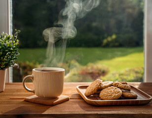 Un desayuno con una taza de café caliente y humeante y una bandeja con galletas y pastas  sobre una mesa junto a una ventana con vistas a un jardin verde al amanecer