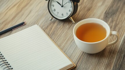 A cozy desk setup with a cup of tea, an elegant clock, and an open notebook filled with productivity tips