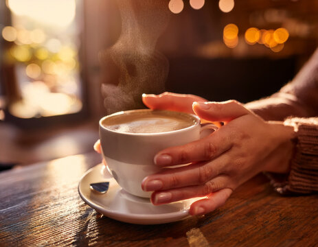 Unas manos de mujer alrededor de una taza de caf&eacute; caliente de desayuno en una mesa de cafeter&iacute;a junto a una ventana