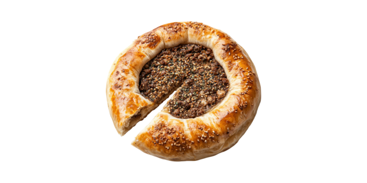 Baked savory pastry with meat and seed topping isolated on transparent background