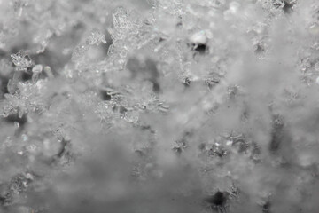 Detailed shot of snow crystals, highlighting their unique patterns and icy details on a soft background.