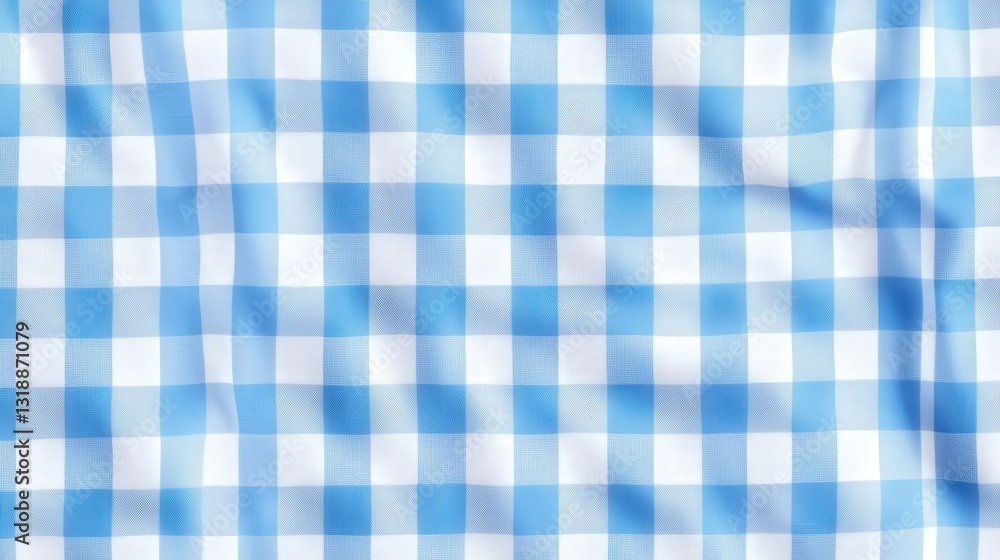 Poster a blue and white checkered fabric texture with a wrinkled appearance, creating a casual and inviting