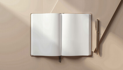 Sleek notebook mockup with metallic pen on minimalist background, creativity