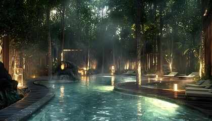 A dreamlike forest spa where glowing steam and radiant trees create a luxurious setting for resort-inspired designs