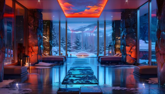 A vibrant mountaintop spa where glowing snow and radiant reflections create a serene backdrop for flowing couture