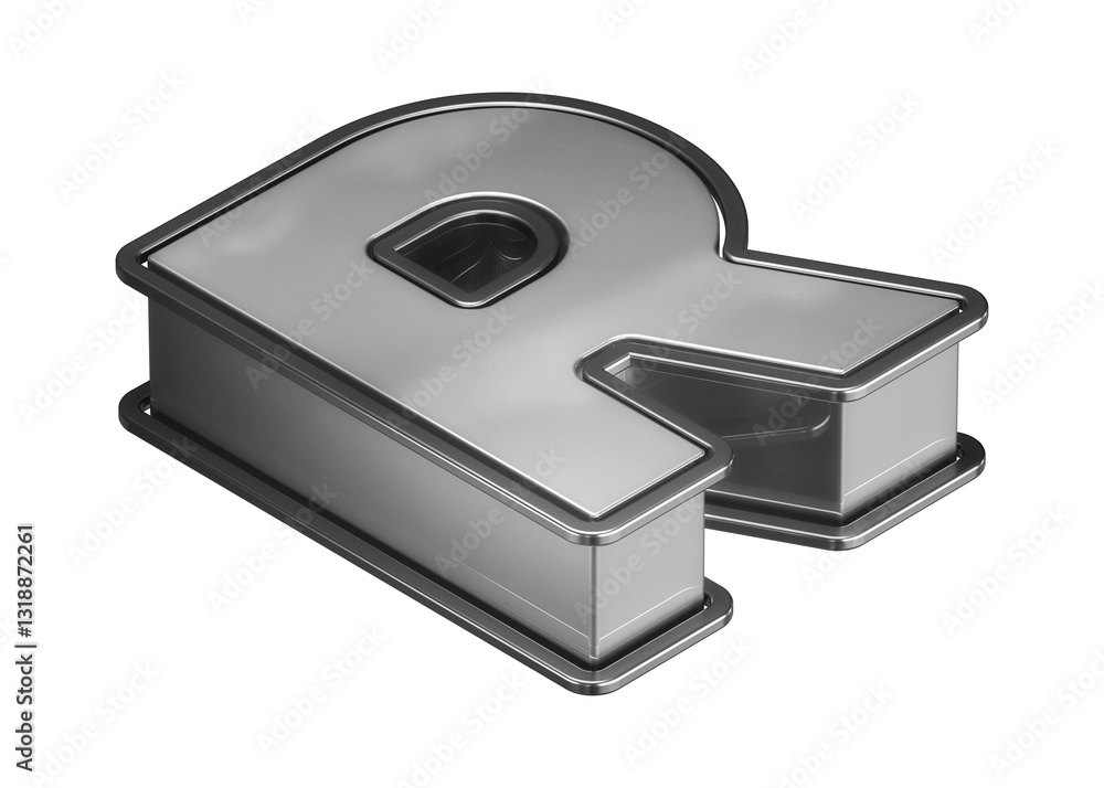 Poster top view 3d letter r in stainless steel. isometric 3d rendering display typography suitable for post