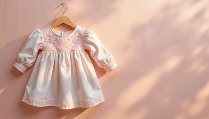 Obraz premium Delicate baby dress with lace details hanging on a wooden hanger in soft natural light.