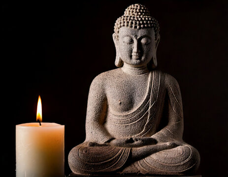 escultura de un buda sentado y meditando junto a una vela encendida aislada en fondo negro
