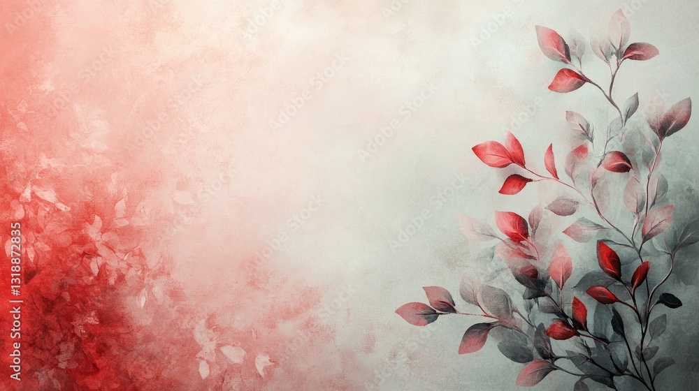 Poster Delicate red leaves gracefully entwine with a serene background, creating a captivating blend of colors that evoke tranquility and artistic expression