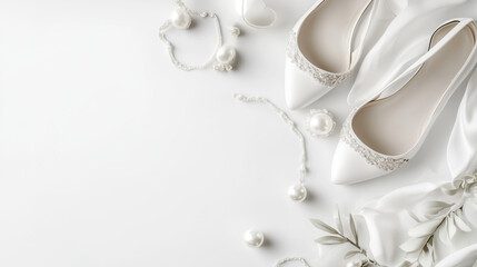 Wedding Shoes and Accessories Elegantly Arranged, Symbolizing Timeless Bridal Elegance