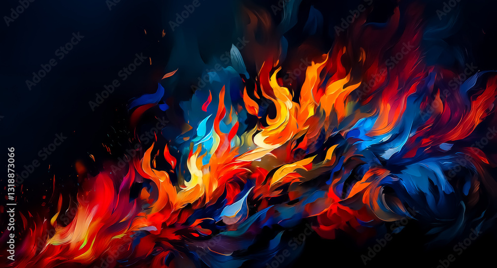 Aufkleber vivid abstract brushstrokes in fiery reds, oranges, and yellows clash with cool blues on a dark back