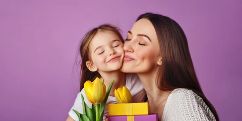 A mother kisses her young daughter on the cheek, a lovely Mother's Day moment with yellow flowers symbolizing spring and renewal.