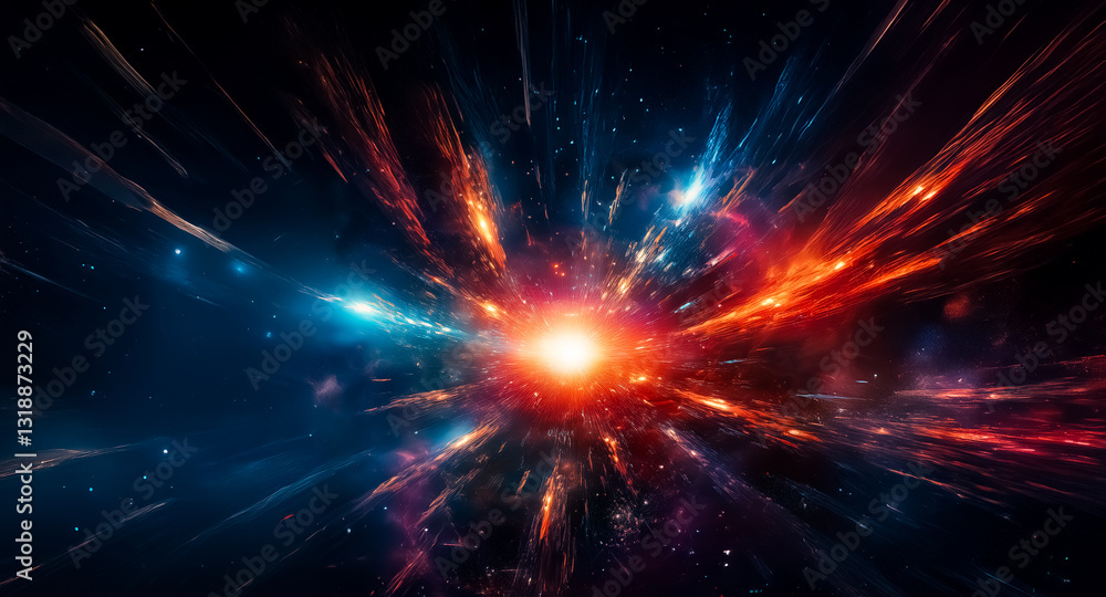 Poster a dynamic cosmic explosion bursts with vibrant light and radiant colors. intense energy expands outw