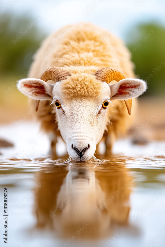 Poster a serene moment unfolds as a sheep leans down to drink from a shallow stream, creating beautiful ref