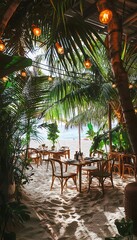 Fototapeta premium A dreamlike beachside caf where glowing sand and radiant tropical plants create a chic setting for Caribbean-inspired fashion