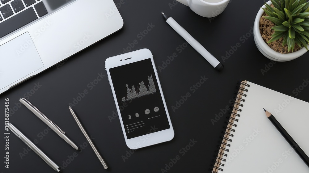 Poster a digital marketers workspace featuring a smartphone, a notebook, and a screen displaying website tr