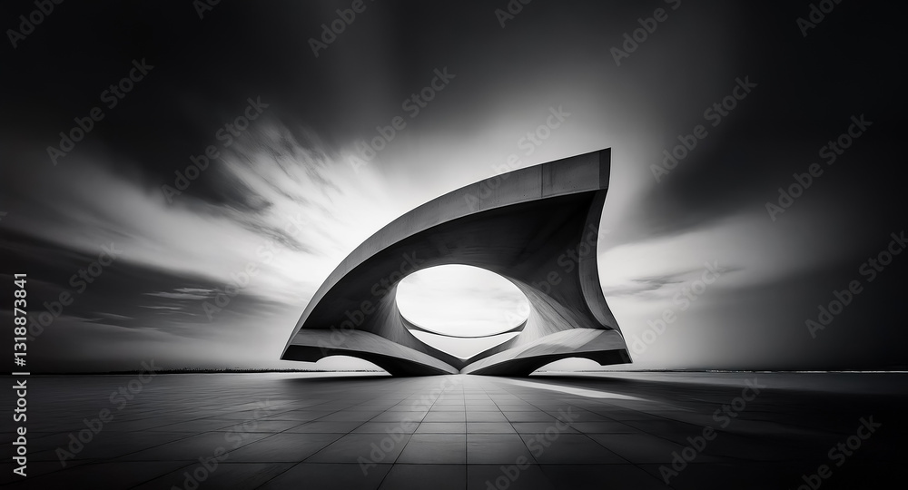 Aufkleber monochromatic architectural form stands boldly against a blurred, dynamic sky. the curved structure,