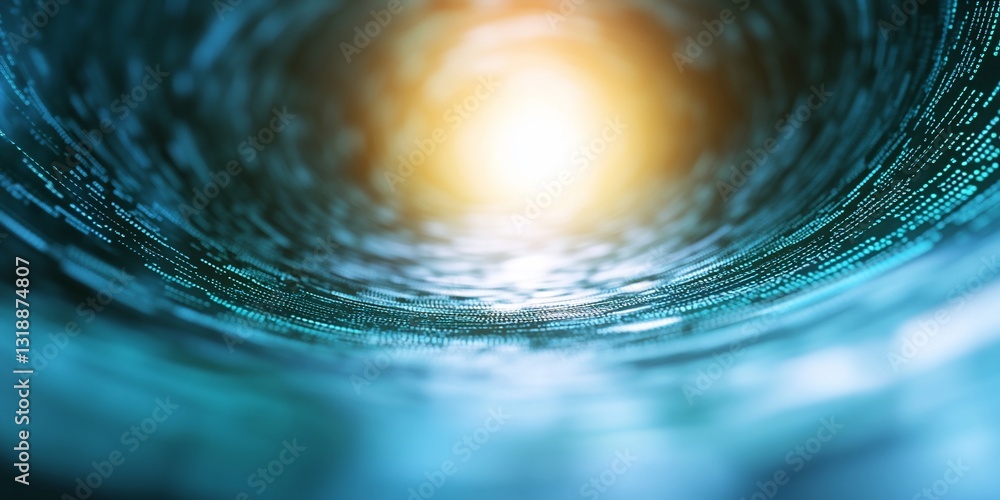 Poster data flows in network tunnel with glowing light at the end, for abstract use