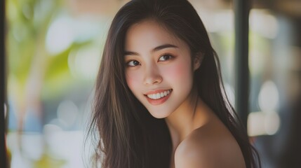 Fototapeta premium Warm Smile of a Beautiful Woman in Soft Light, Radiating Joy and Serenity 