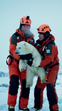 Rescuers helping baby polar bear, animals and wildlife, people at work, animal rescue