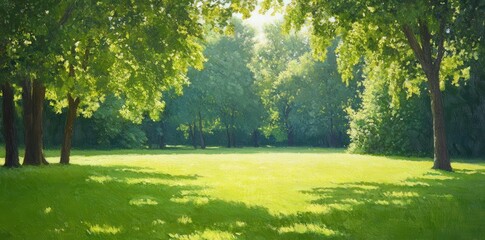 Fototapeta premium A serene green landscape with trees surrounding a bright, open grassy area, illuminated by soft sunlight filtering through the leaves.