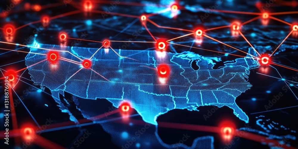 Aufkleber global digital network interconnected with red and blue nodes indicating activity
