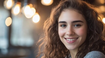 Obraz premium Warm Smile of a Beautiful Woman in Soft Light, Radiating Joy and Serenity 