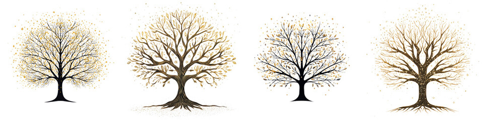 Obraz premium Elegant and minimalistic bare tree silhouettes in different seasonal landscape settings with a focus on abstract and stylized visuals